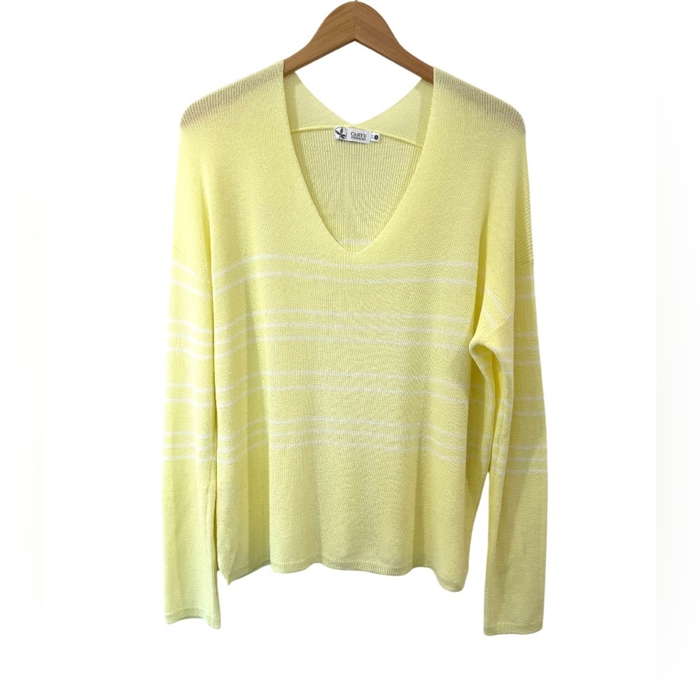 Carve Designs women’s Zella pullover sweater L yellow white stripe cotton